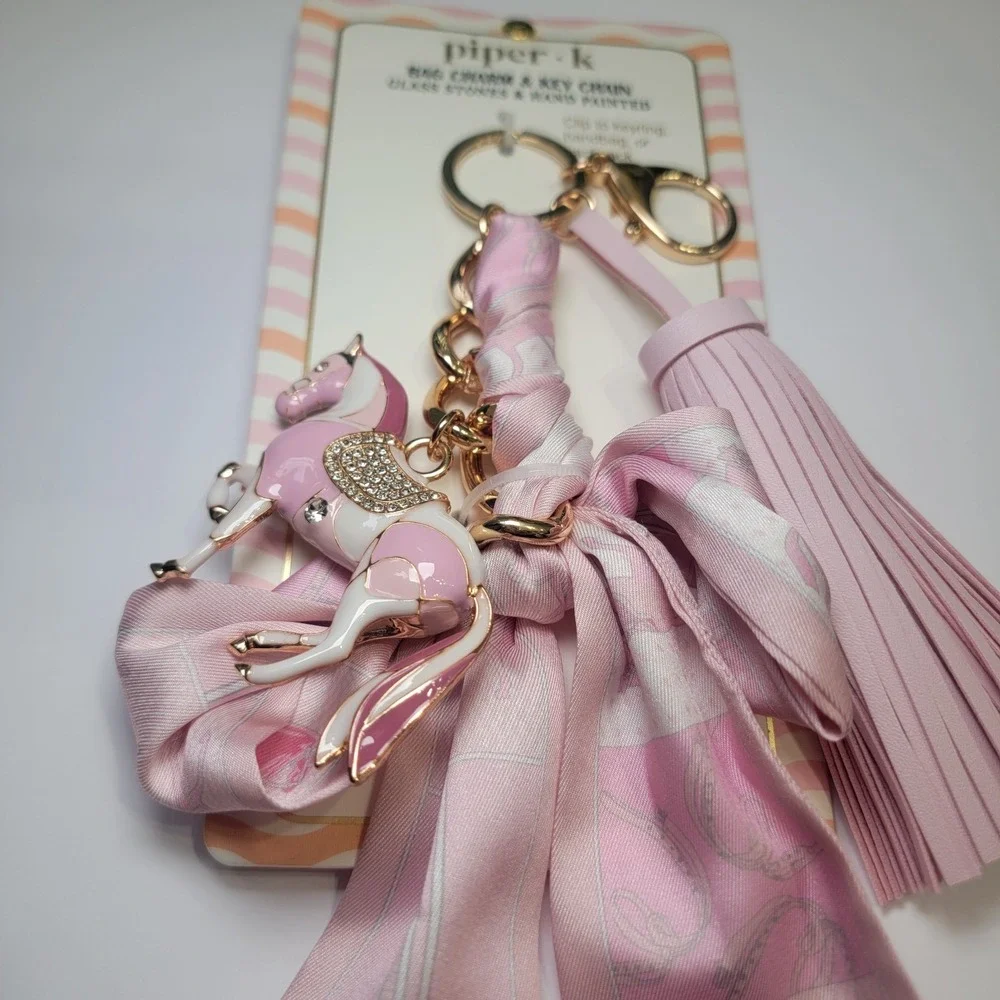 Piper K PINK Horse & Ribbon Bow Equestrian Bag Charm Key Chain Old Money Luxury